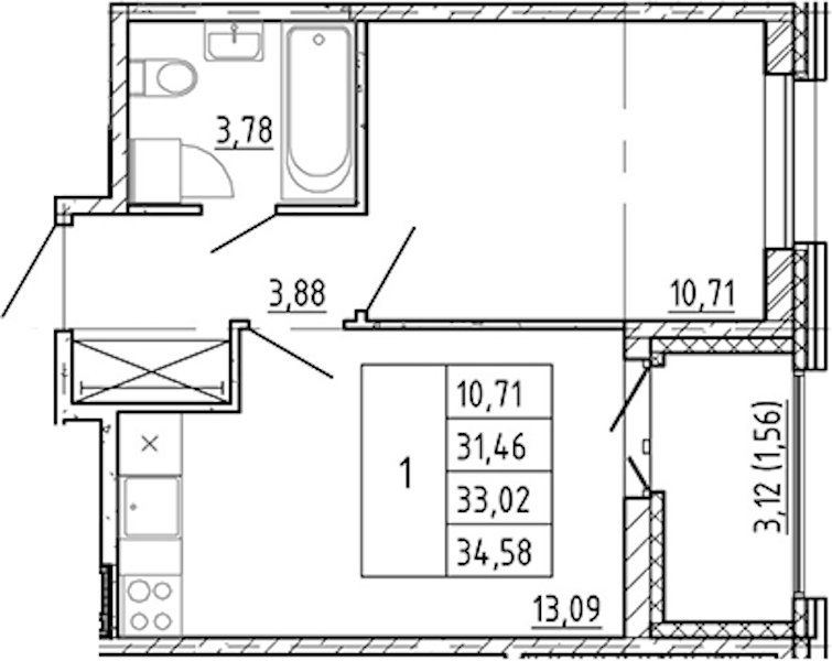 1-комнатная квартира 31.46 м², 12/12 эт., ЖК «Полис Новоселье»